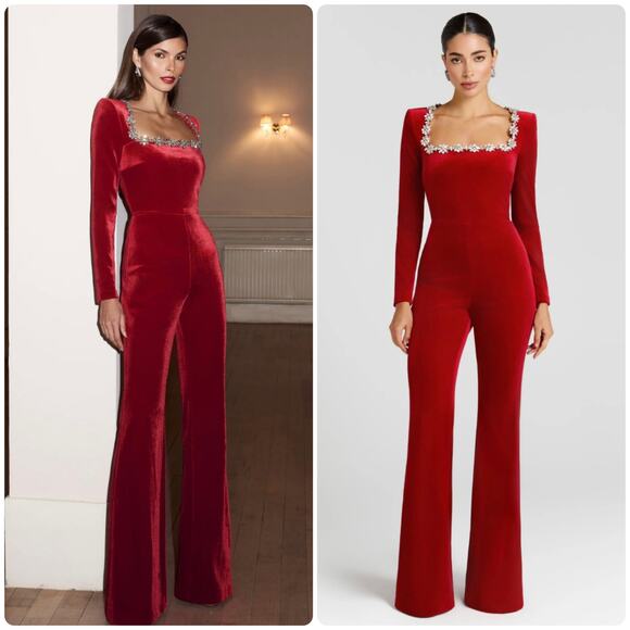 NADINE MERABI Pants - Nadine Merabi Kimberly Jewel-Embellished Velvet Jumpsuit in Red Size XL